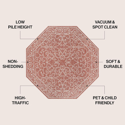 JONATHAN Y SMB106B-5TGN Charleston Vintage Filigree Textured Weave Red/Beige 5' Octagon Indoor/Outdoor Area Rug, Non-Shedding, Stain Resistant,Fade Resistant, Easy-Cleaning for Backyard Patio, Porch