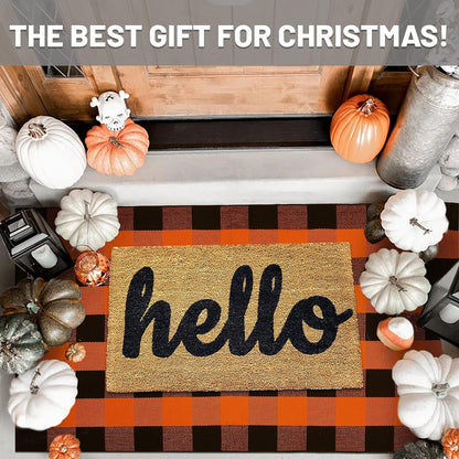 IOHOUZE Fall Buffalo Plaid Check Rug Outdoor Doormat 3x5 Ft Washable Woven Outdoor Indoor Welcome Mats for Front Door/Farmhouse/Entryway/Home Entrance Black and Orange Outdoor Rug
