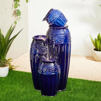 Glitzhome 35.5" H Oversized Outdoor Water Fountain with LED Lights and Pump, 4 Tier Cobalt Blue Embossed Pattern Ceramic Pots Cascading Floor Standing Fountain for Porch Deck Garden Patio Backyard