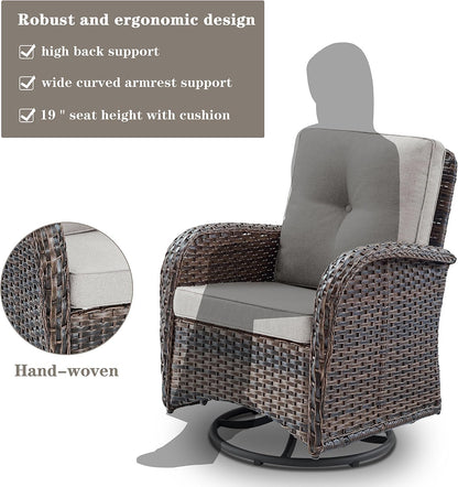 Small Conversation Sets Patio Funiture - 5 Piece Outdoor Swivel Rocker Wicker Furniture Sets with Ottomans Side Table Perfect for Patio Deck Backyard, Brown Wicker Beige Cushion