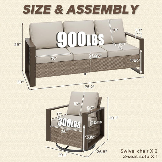 Wicker Patio 75" Sofa Set with 2 Swivel Chairs, All Weather Rattan Outdoor Conversation Furniture Set with Wood-Looking Metal Armrest & Removable Cushions for Backyard Porch, Beige