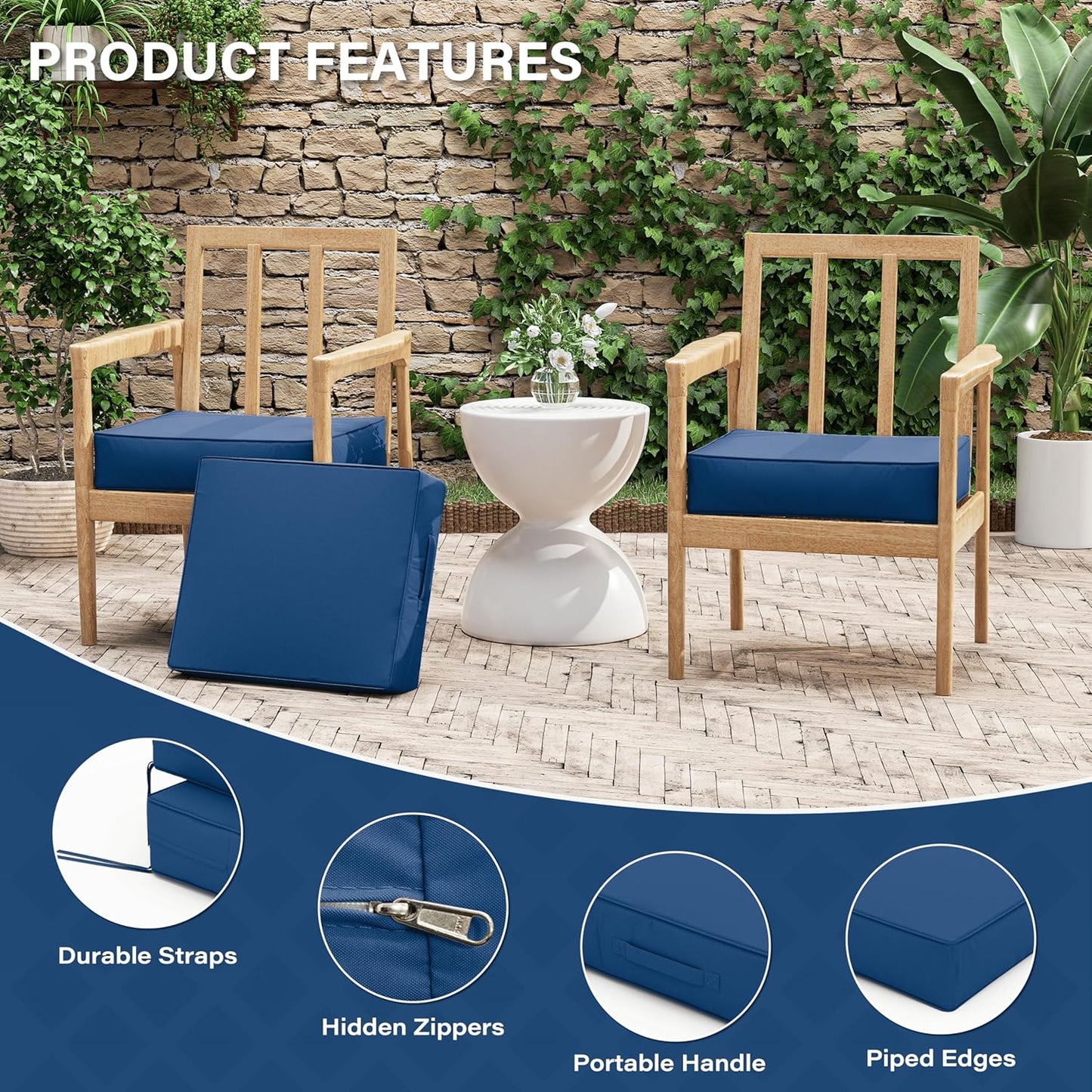 Patio Chair Cushions 18.5 X 16 X 4 Inch Waterproof Outdoor Seat Cushions for Patio Furniture, Outdoor Sofa Couch Pads with Ties & Handle, Set of 2, Blue