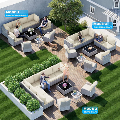 10-Piece Patio Furniture Set, Outdoor Patio Furniture with Swivel Chairs Set, Thick Cushions, Modular Patio Sofa, Dual-Strand Wicker Rattan, Rust-Resistant Frame, Ivory