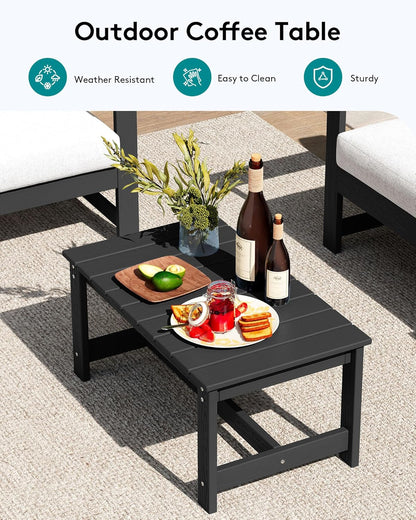 SERWALL 3 Pieces HDPE Outdoor Sofa Set with Cushions, All Weather Use Patio Couch Loveseat Furniture with Coffee Table for Balcony, Deck, Poolside, Black Frame with Khaki Cushions