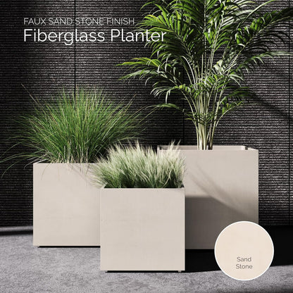Reglito Cube Planter – Fiberglass Indoor/Outdoor and Weather-Resistant Large Planter (Sand Stone, 27.6" L x 27.6" W x 28.1" H)