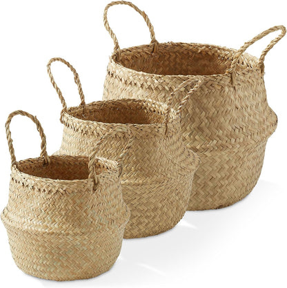 Casafield (Set of 3) Seagrass Belly Storage Basket Planters - Small, Medium, Large, Natural Woven Wicker Indoor Plant Pot Covers for Plants and Trees