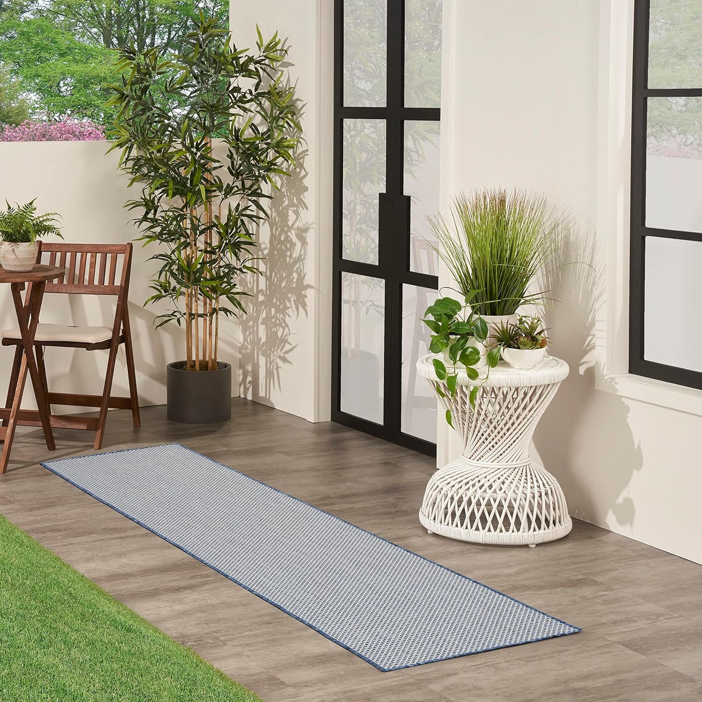 Nourison Home Courtyard 10' Runner Ivory Blue Fabric Modern Area Rug (10' Runner)