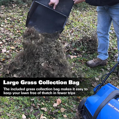 BILT HARD 16 Inch Dethatcher Scarifier Electric Powered, 15 Amp Copper Motor, 5-Position Depth Adjustment, 14.5 gal Thatch Bag, 2 in 1 Walk Behind Thatch Removing Machine for Lawn