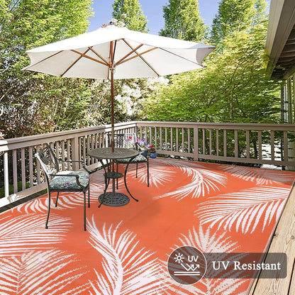 Pauwer Waterproof Outdoor Rug 8x10, Reversible Plastic Straw Patio Camping Rug, Indoor Outdoor RV Mat Carpet for Deck, Camper, Porch, Balcony, Backyard, Picnic, Leaf Orange