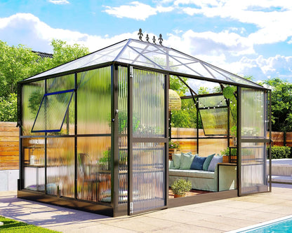 Jocisland 11x8.3x8.6 FT Polycarbonate Greenhouse- 6 FT Wall Height Outdoor Aluminum Greenhouses with 2 Ventilation and Rain Gutter, Double Doors with Hook, Walk-in Greenhouse for Backyard Garden