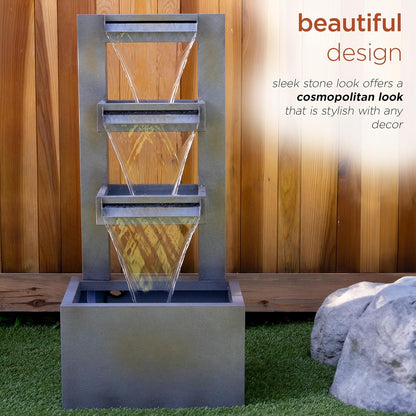 Alpine Corporation CPS182 Outdoor Metal Multitiered Waterfall Floor Fountain Industrial Style Water Feature for Garden, Patio, Yard, Backyard, Relaxing Water Flow, and Serene Landscaping, Gray