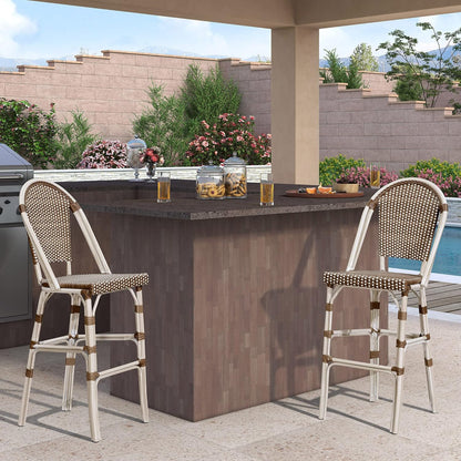 PURPLE LEAF French Bar Stool Set of 2 White Print Finish Patio Bar Stools with Back Rattan Chairs Wicker Bar Height Stool 30" with Footrest Kitchen Island Stools Outdoor Barstool Brown