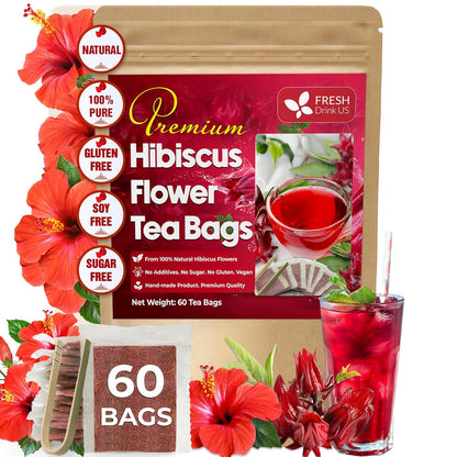 FreshDrinkUS, Premium 60 Hibiscus Flowers Tea Bags, 100% Natural & Pure, Loose Flower Herbal Tea. No Sugar, No Caffeine, No Gluten, Vegan. Great To Drink Hot Or Ice Tea