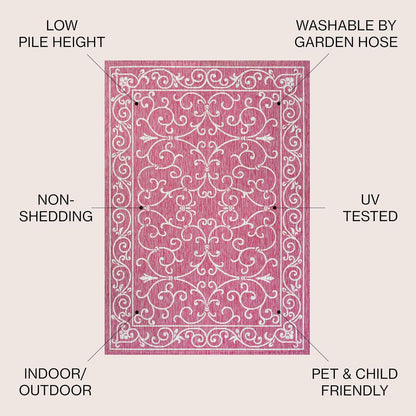 JONATHAN Y SMB106J-4 Charleston Vintage Filigree Textured Weave Indoor Outdoor Area Rug, Classic Traditional Easy-Cleaning,Bedroom,Kitchen,Backyard,Patio,Non Shedding, 4 X 6, Fuchsia/Light Gray