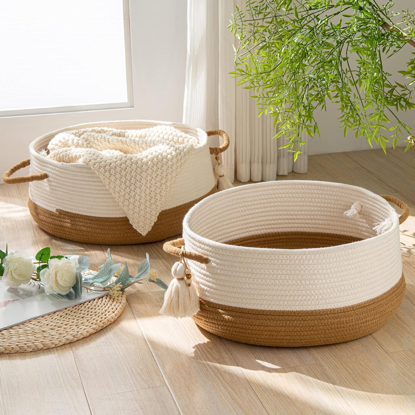 KAKAMAY Woven Baskets for Storage(16"x8"),Blanket Basket for Organizing Living Room,Cotton Rope Basket Woven Baby Laundry Hamper,Collapsible Laundry Room Organization,Clothes,Toy Chest(Brown)