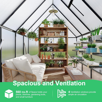 6'x7' Aluminum-Framed Polycarbonate Greenhouse, Heavy Duty Polycarbonate Greenhouse with Quick Setup Structure and Roof Vent, Large Enhanced Aluminum GreenhouseKit for Outdoors