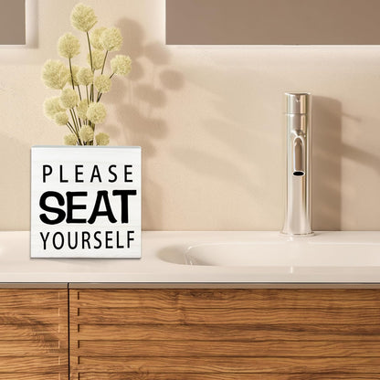 Please Seat Yourself Wooden Sign - Funny White Block Plaque Desk Decoration-5x5 inches Rustic Wood Block Gifts For Friends Family Coworkers-Restroom Bathroom Toilet Tabletop Favors & Supplies-A07