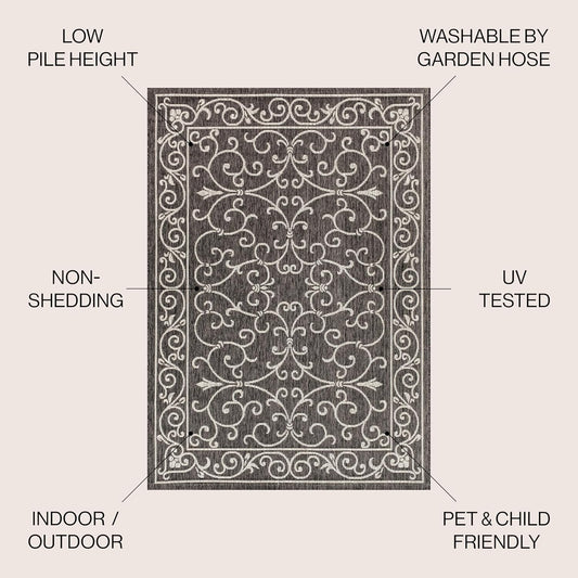 JONATHAN Y SMB106G-8 Charleston Vintage Filigree Textured Weave Indoor Outdoor Area Rug Classic Coastal Easy Cleaning Bedroom Kitchen Backyard Patio Non Shedding, 8 X 10, Black/Gray