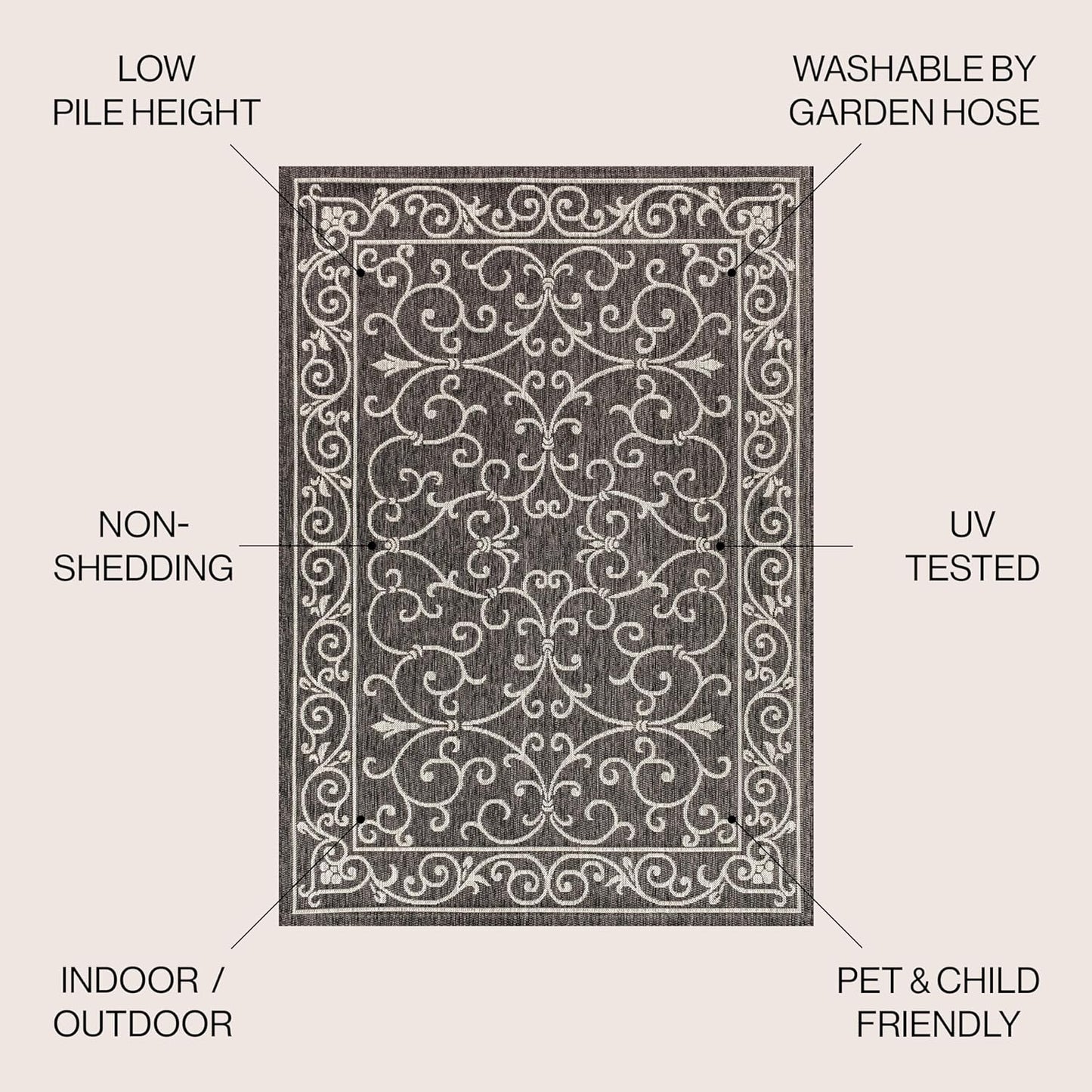 JONATHAN Y SMB106G-9 Charleston Vintage Filigree Textured Weave Indoor Outdoor Area Rug Classic Coastal Easy-Cleaning Bedroom Kitchen Backyard Patio Non Shedding, 9 X 12, Black/Gray