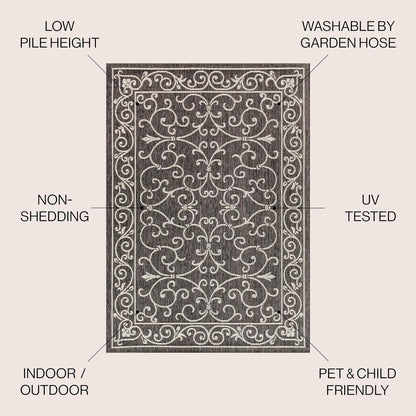 JONATHAN Y SMB106G-9 Charleston Vintage Filigree Textured Weave Indoor Outdoor Area Rug Classic Coastal Easy-Cleaning Bedroom Kitchen Backyard Patio Non Shedding, 9 X 12, Black/Gray