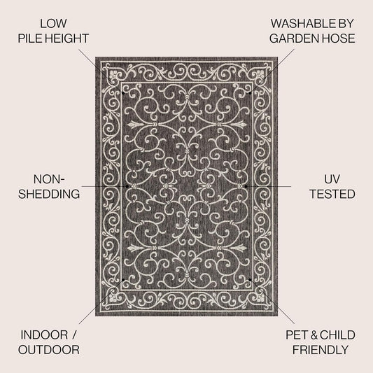 JONATHAN Y SMB106G-9 Charleston Vintage Filigree Textured Weave Indoor Outdoor Area Rug Classic Coastal Easy-Cleaning Bedroom Kitchen Backyard Patio Non Shedding, 9 X 12, Black/Gray
