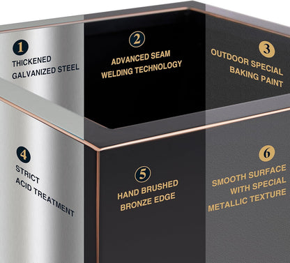Metallic Heavy Cube Planter Box, No Assembly Required, Seamless Large Black Outdoor Planter 17”Lx17”Wx20”H 24Pounds Black with Hand Brushed Gold Rim