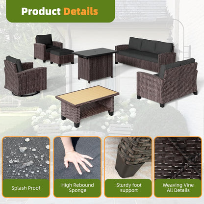 Outdoor Patio Sectional Sofa Set, 7-Piece Rattan Furniture, Patio Conversation Sets with 2 Ottomans Cushions, Seats 5, Dark Grey