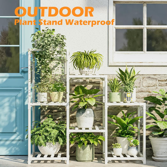 Bamworld Indoor Plant Stand Outdoor White Shelf Bamboo Plant Table for Multiple Plants 3 Tiers 7 Pots Ladder Holder Pot Window Garden Balcony Living Room