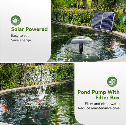 NFESOLAR Pond Filter Fountain with 50W Solar Panel, 580 GPH Water Pump, 10 FT Extension Cord, Solar Fountain Pump with Pond Filter Box Outdoor for Koi Ponds Water Feature Waterfall Pool