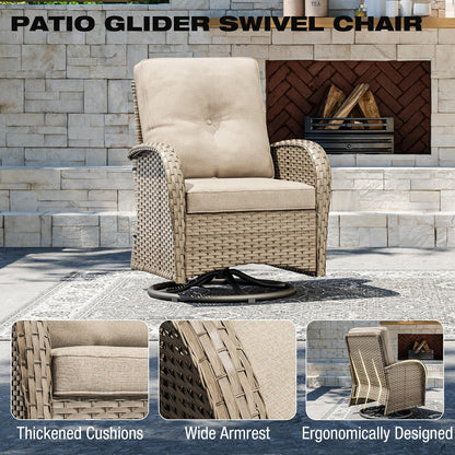 Joyside Outdoor Swivel Rocker Chairs, 6 Piece Wicker Patio Set with Thick Cushion and Side Table, Rattan Patio Swivel Rocking Chairs for Porch, Deck Use (Natural/Beige, 6 PCS)