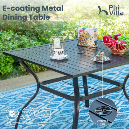PHI VILLA Patio Table and Chairs Dining Set with Umbrella for 4, Outdoor Dining Set with 4 Swivel Patio Chairs, 1 Square Metal Dining Table and 10ft Orange Red Large Patio Umbrella (No Umbrella Base)