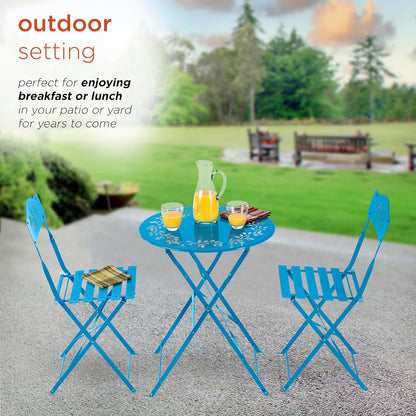 Alpine Corporation MSY100A-BL 3-Piece Indoor/Outdoor Bistro Set with Folding Table and Chairs, Durable Steel Patio Furniture, Vibrant Blue