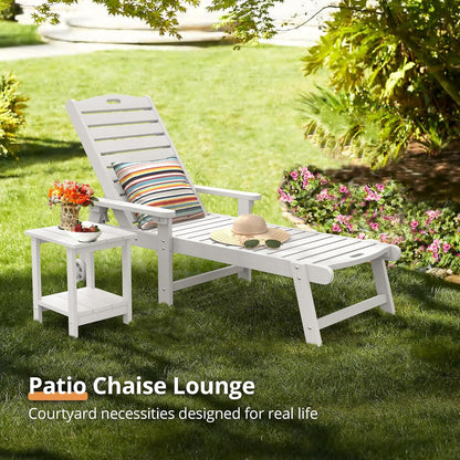 LUE BONA Chaise Lounge Chairs Set with Table, 3-Piece, 79'' Oversized HDPS Chaise Lounger, 5 Positions Adjustable Lounge Chairs, Pool Lounge Chair with Wheels for Poolside, 3 Year Warranty, White