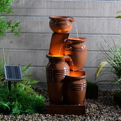 Teamson Home 28.7" 4-Tier Cascading Bowl Solar Powered Water Fountain for Outdoor Living Spaces, Terracotta