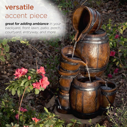 Alpine Corporation ZEN409S 24" Indoor/Outdoor Floor Tiered Barrels and Buckets Fountain, Rustic 4-Tier – Water Feature for Garden, Patio, and Home Décor, Brown