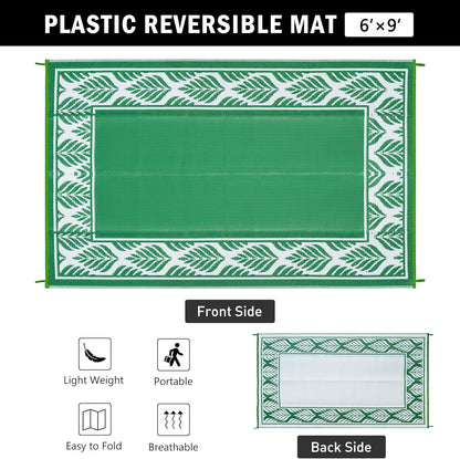 Outdoor Plastic Rug 6'x9' Waterproof Camping Carpet Outside Area Rug Reversible Green Rugs for RV Deck Entryance Porch Picnic Balcony Beach