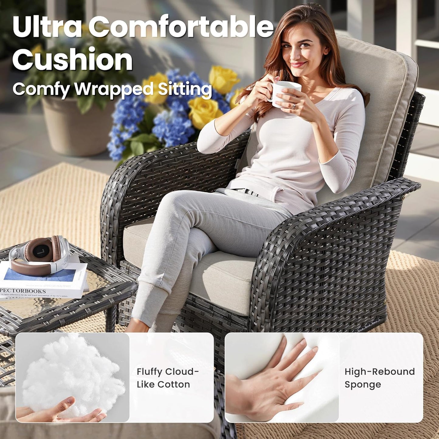 ovios 5 Pieces Patio Furniture Set, Outdoor Wicker Sofa with Swivel Chairs, Coffee Table, All Weather High Back Rattan Loveseat Couch with Comfy Cushions, Beige