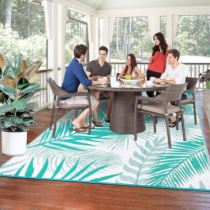 Outdoor Rug 8'x10' Waterproof for Patios Clearance, Reversible Outdoor Plastic Straw Rug Camping Carpet, Outside Floor Mats Large Area Rugs for RV,Patio,Deck,Porch, Beach,Balcony,Teal&White
