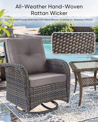 HUMMUH Outdoor Swivel Chairs,3 Pieces Patio Furniture Set with 360 Degree Wicker Swivel Rocking Chairs and Side Table for Garden,Porch,Backyard (Brown/Grey)