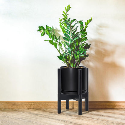 D'vine Dev Ceramic Planter with Ebony Stand - 8 Inch Modern Round Flower Pot with Wood Planter Holder, Black, 55-B-M-2