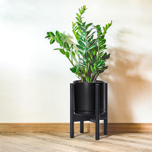 D'vine Dev Ceramic Planter with Ebony Stand - 8 Inch Modern Round Flower Pot with Wood Planter Holder, Black, 55-B-M-2