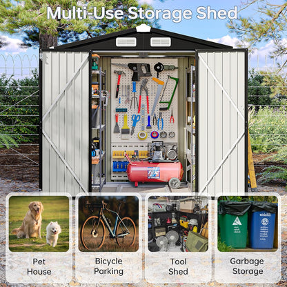 6x4 FT Outdoor Storage Shed with Base, Metal Garden Tool Shed with Sloping Roof & Lockable Door for Patio Lawn Backyard (Black with Base)