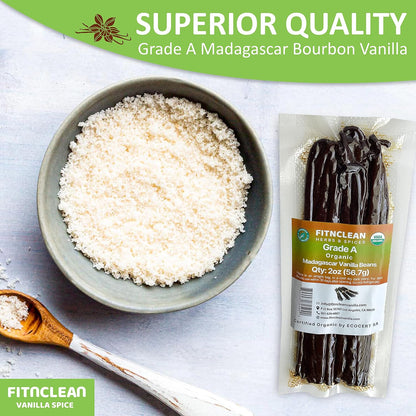 2oz Madagascar Organic Vanilla Beans Gourmet Grade A. Certified USDA Organic 6"-8" by FITNCLEAN VANILLA Bourbon Fresh for Extract, Essence, Brewing, Baking NON-GMO Whole Pods