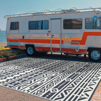 RV Waterproof Mat Outdoor Rugs 9'x12' for Patios Clearance Carpet Camping, Large Plastic Straw (9x12ft Geometric Boho Grey&White)