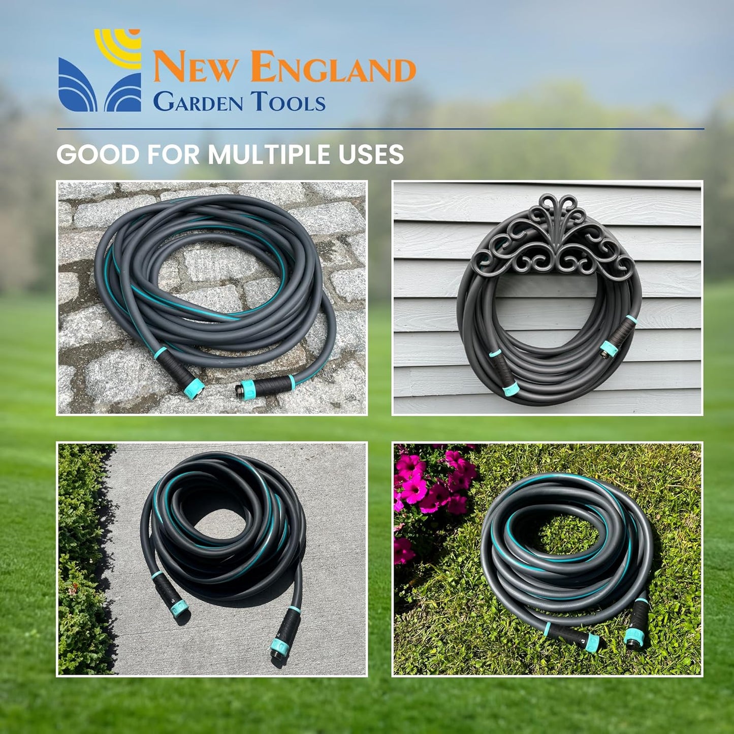 Hybrid Garden Water Hose 100 ft x 5/8”, Durable Heavy Duty Material, Kink-Free with Swivel Grips and Anodized Couplings, 700007 by New England Garden Tools