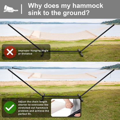 SUNCREAT Double Outdoor Hammock with Stand Included, Portable Cotton Rope 2 Person Hammock for Outdoor, Patio, Garden, Backyard, Beige