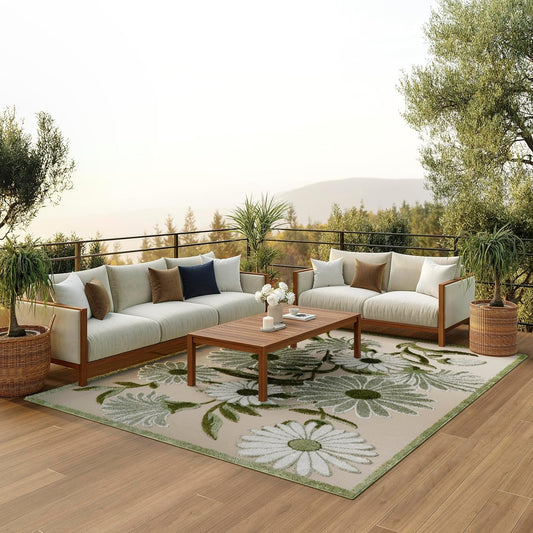 Nourison Home Aloha Indoor/Outdoor Ivory Green 10' x 14' Area Rug, Easy-Cleaning, Non-Shedding, Bed Room, Living Room, Dining Room, Backyard, Patio, Deck (10x14)
