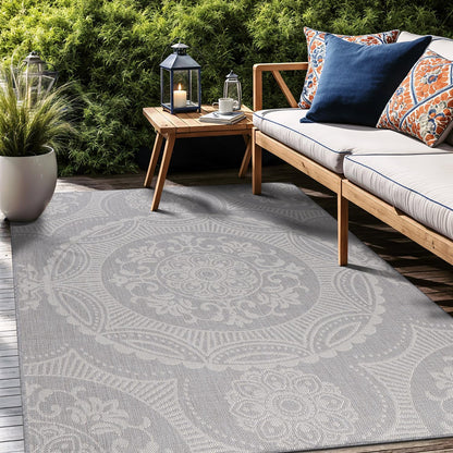 Medallion Outdoor Rug 8x10 Washable Outside Carpet for Indoor Patio Porch Waterproof Easy Cleaning Non Shedding Area Rugs Gray 8 x 10