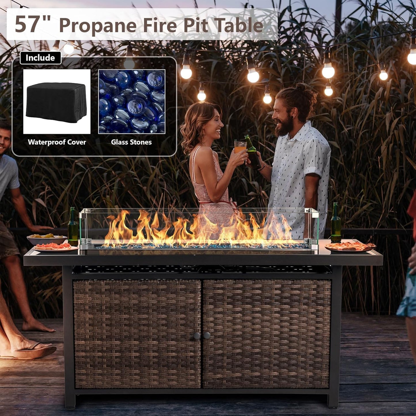 25-Pc Patio Furniture Set - 7 Piece Outdoor Rattan Sofa Set with 57" Fire Table and 17 Accessories, Modular Sofa Set for Garden/Poolside, Grey/Black