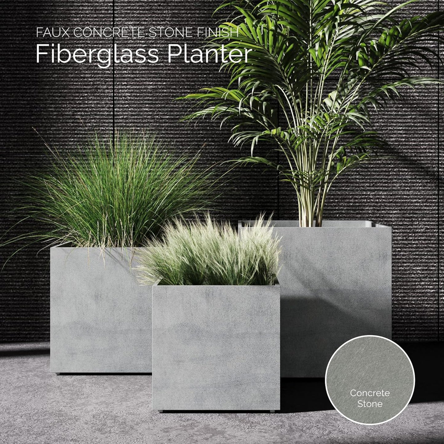 Reglito Cube Planter – Fiberglass Indoor/Outdoor and Weather-Resistant Large Planter (Concrete Stone, 27.6" L x 27.6" W x 28.1" H)